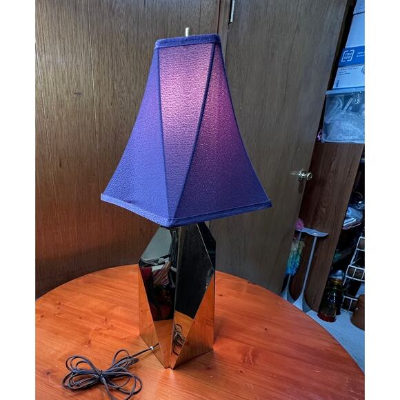 Vintage Quirky Angular Gold Metal Lamp with Purple Shade - Picture 2 of 10